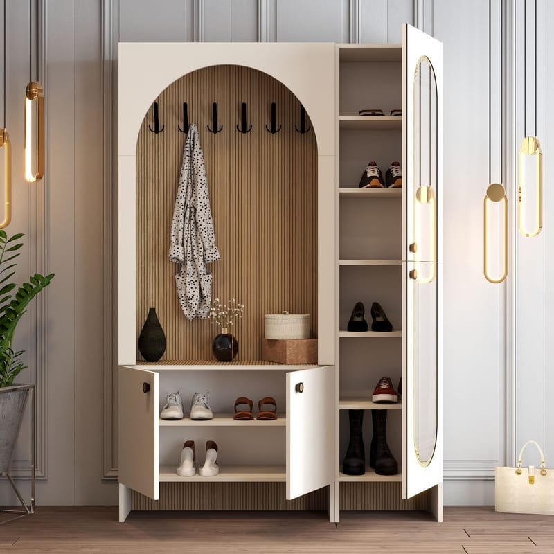 Ayleid Hallmöbel med spegel 200 cm - Kräm / Ek - Möbler - Hall & entré - Möbelset för hall & entré