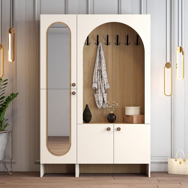 Ayleid Hallmöbel med spegel 200 cm - Kräm / Ek - Möbler - Hall & entré - Möbelset för hall & entré