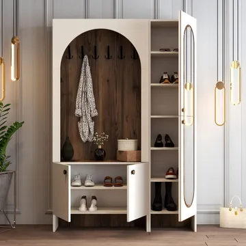 Ayleid Hallmöbel med spegel 200 cm - Kräm / Valnöt - Möbler - Hall & entré - Möbelset för hall & entré