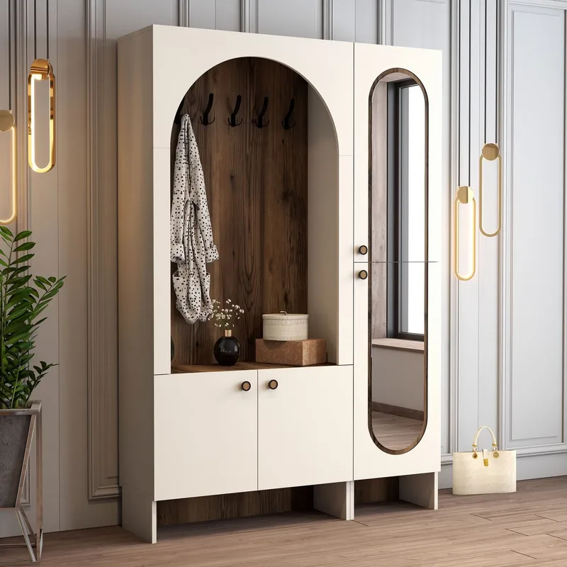 Ayleid Hallmöbel med spegel 200 cm - Kräm / Valnöt - Möbler - Hall & entré - Möbelset för hall & entré