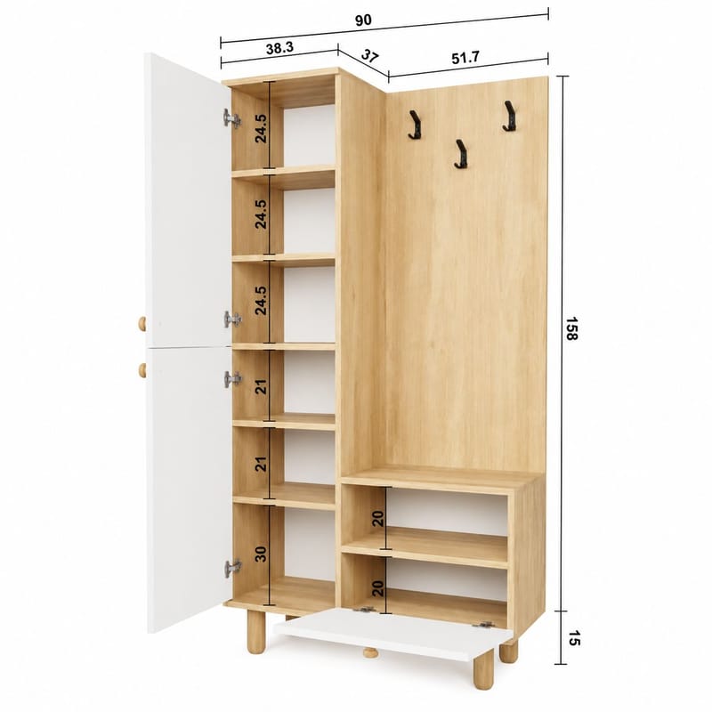 Faylen Hallmöbel 90x173x37 cm - Vit och ek - Möbler - Hall & entré - Möbelset för hall & entré