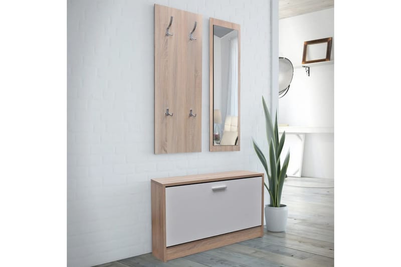 Skoskåp 3-i-1 med spegel och hängare ek vit - Brun - Möbelset för hall & entré