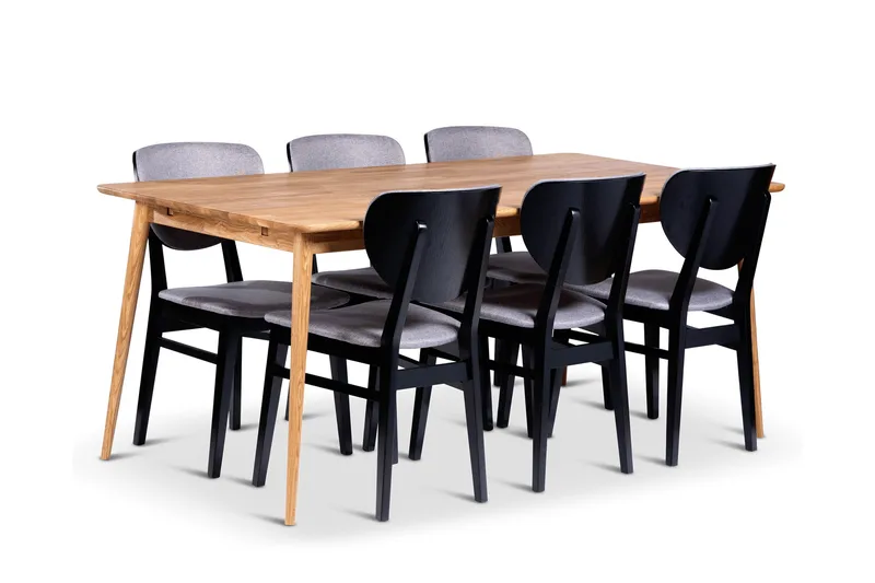 Alborg Matgrupp 180 cm med 6 Borgholm Stolar i massivt trä, Brun/Svart/Natur