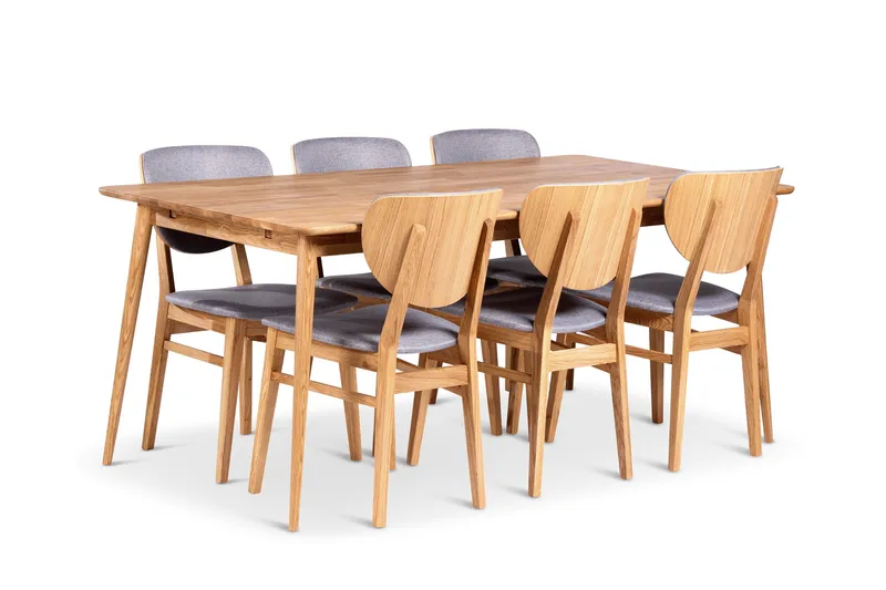 Alborg Matgrupp 180 cm med 6 Borgholm Stolar i massivt trä, Ljusbrun/Natur
