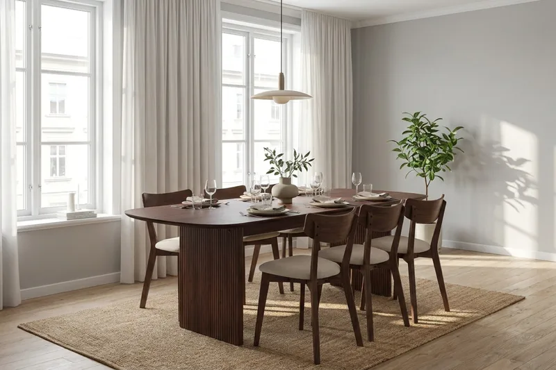 Alma Matgrupp 220 cm rektangulärt i Valnöt med 6 Amelia Matstolar med Dyna - Valnöt - Möbler - Matplats - Matgrupp & matbord med stolar
