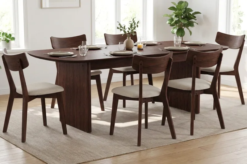 Alma Matgrupp 220 cm rektangulärt i Valnöt med 6 Amelia Matstolar med Dyna - Valnöt/Beige - Möbler - Matplats - Matgrupp & matbord med stolar