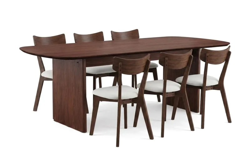 Alma Matgrupp 220 cm rektangulärt i Valnöt med 6 Amelia Matstolar med Dyna, Valnöt/Beige