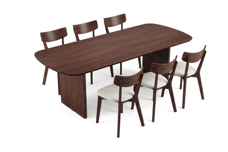 Alma Matgrupp 220 cm rektangulärt i Valnöt med 6 Amelia Matstolar med Dyna - Valnöt/Beige - Möbler - Matplats - Matgrupp & matbord med stolar