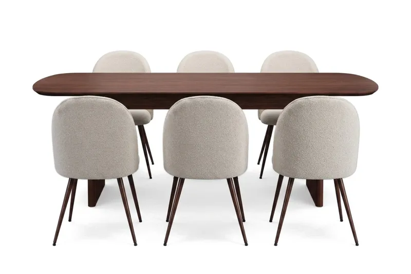 Alma Matgrupp rektangulärt 220 cm Valnöt med 6 Nibe Plus Matstolar - Valnöt/Vit - Möbler - Matplats - Matgrupp & matbord med stolar