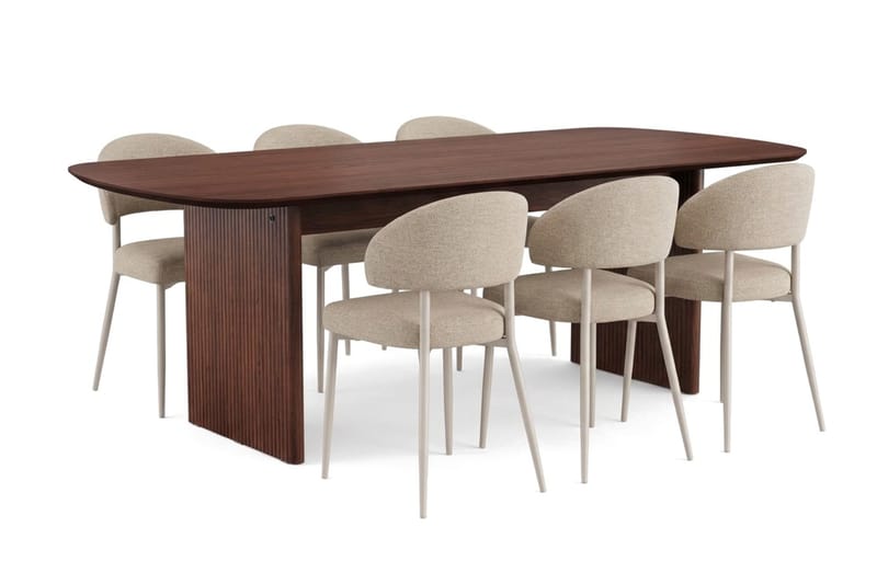 Alma Rektangulär Matgrupp 220 cm – Matbord med Valnötsutseende och 6 Klädda Sawako Matstolar, Brun|Beige