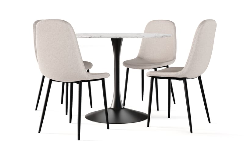 Ananta Matbord 100 cm Runt Svart bas +  4 st Nikolas stol beige med svarta ben, Vit/Svart/Beige