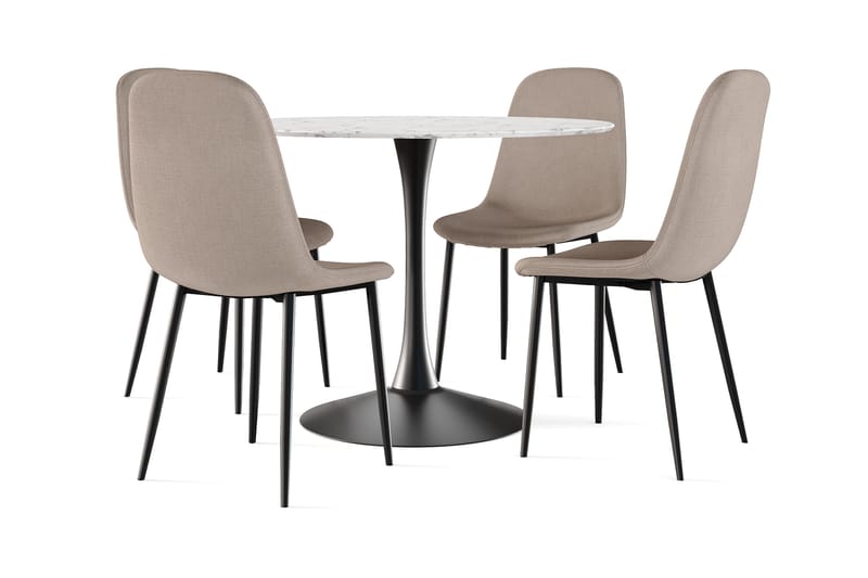 Ananta Matbord 100 cm Runt Svart bas +  4 st Nikolas stol brun med svarta ben, Vit/Svart/Brun
