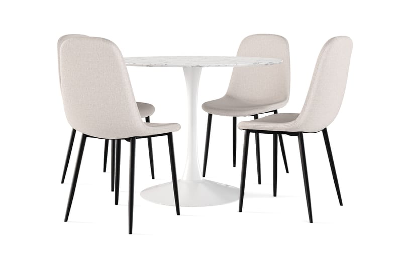 Ananta Matbord 100 cm Runt vit bas +  4 st Nikolas stol beige med svarta ben, Vit/Beige