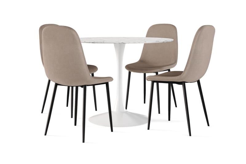 Ananta Matbord 100 cm Runt vit bas +  4 st Nikolas stol brun med svarta ben, Vit/Brun