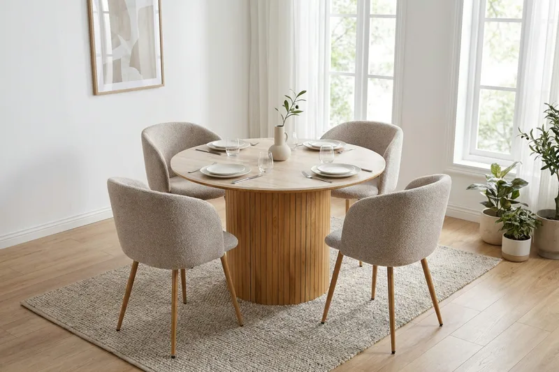 Arvo Matgrupp runt 120 cm Ek med 4 Greya Matstolar - Ek/Greige - Möbler - Matplats - Matgrupp & matbord med stolar