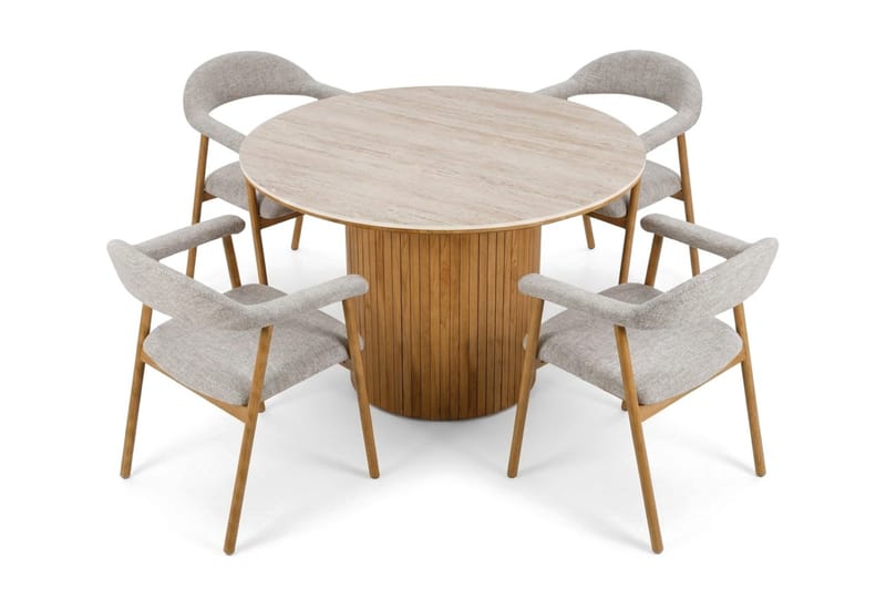 Arvo Matgrupp runt 120 cm Travertin med 4 Ronja Matstolar - Ek - Möbler - Matplats - Matgrupp & matbord med stolar