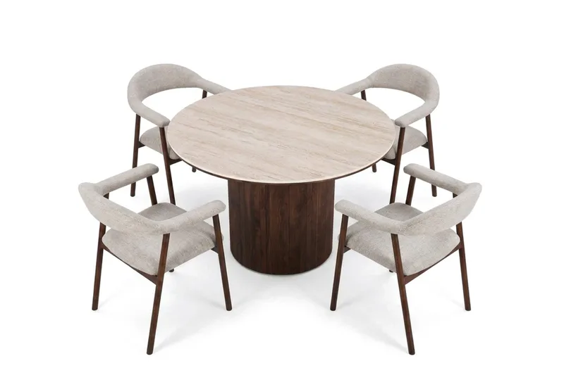 Arvo Matgrupp runt 120 cm Travertin med 4 Ronja Matstolar - Valnöt - Möbler - Matplats - Matgrupp & matbord med stolar