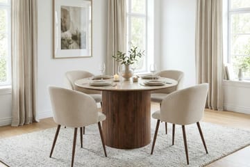 Arvo Runt Matbord 120 cm i Travertin med Pelarfot i Valnötsutseende - Beige - Möbler - Matplats - Matbord & köksbord