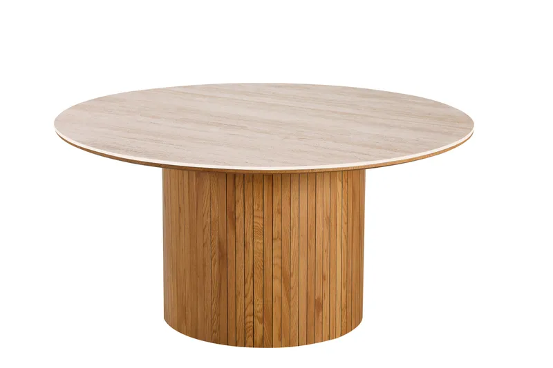 Arvo Runt Matbord 150 cm i Travertin med Pelarfot i Ekutseende, Beige