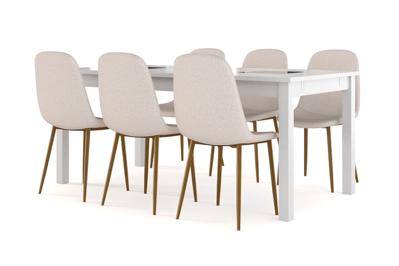 Barrow Förlängningsbart Matbord 180 cm +  6 st Nikolas stol beige med ek ben, Vit/Beige