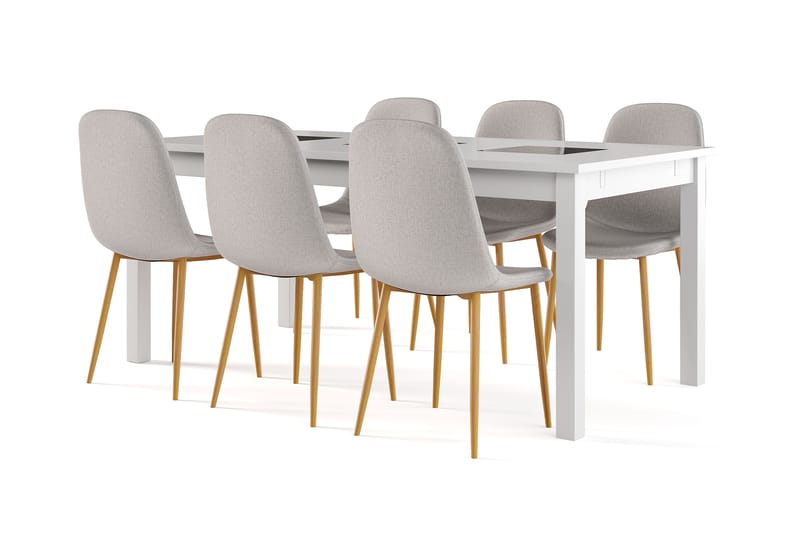 Barrow Förlängningsbart Matbord 180 cm +  6 st Nikolas stol grå med ek ben, Vit/Grå