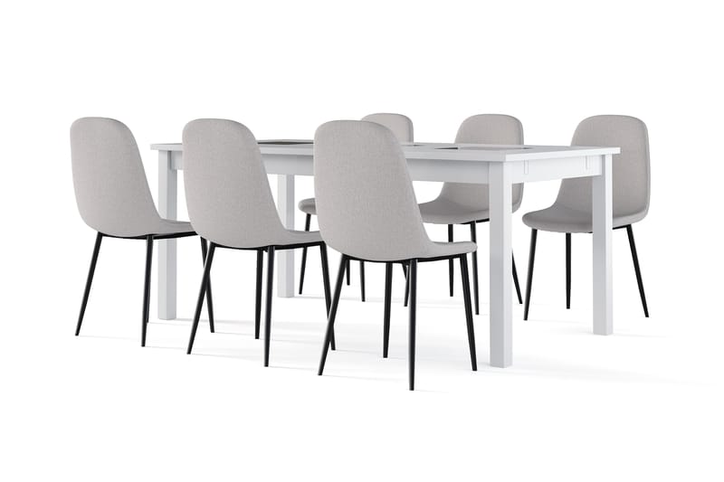 Barrow Förlängningsbart Matbord 180 cm +  6 st Nikolas stol grå med svarta ben, Vit/Grå