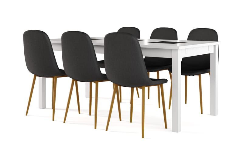 Barrow Förlängningsbart Matbord 180 cm +  6 st Nikolas stol svart med ek ben, Vit/Svart