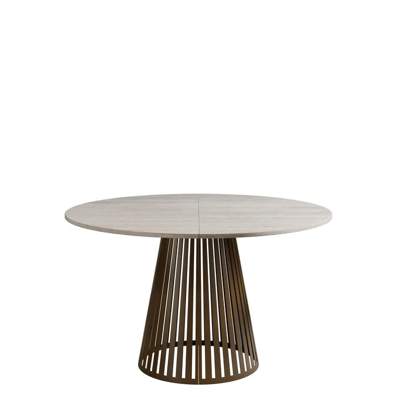 Beylen Matbord Rund Förlängningsbart 120-196 cm, beige travertin och koppar