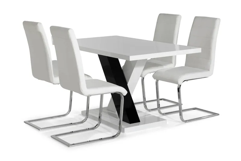 Cesi Matgrupp 140 cm med 4 Cibus Stol, Vit/Svart/Svart PU/Krom