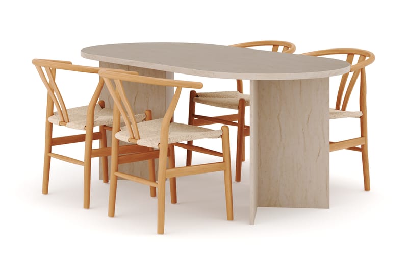 Dano Matbord 180 cm med 4 DEPIJP Matstolar, Travertin / Natur