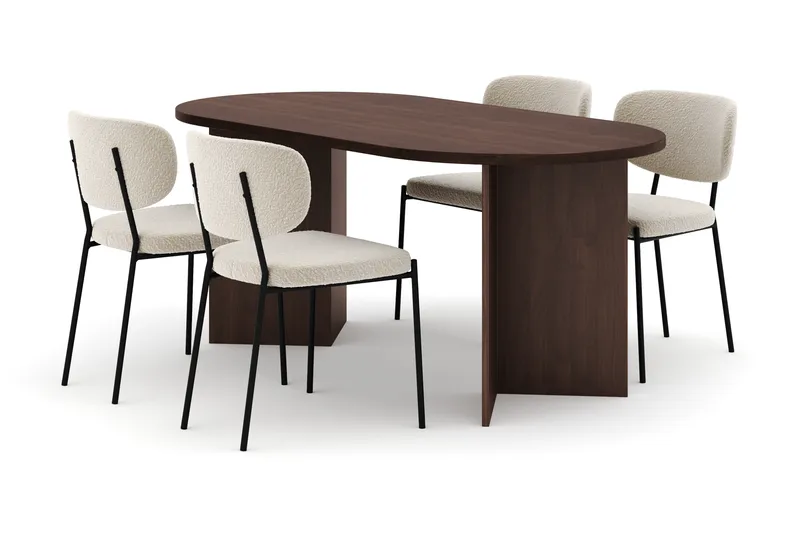 Dano Matbord 180 cm med 4 Gemmiano Matstolar, Valnöt / Vit Bouclé