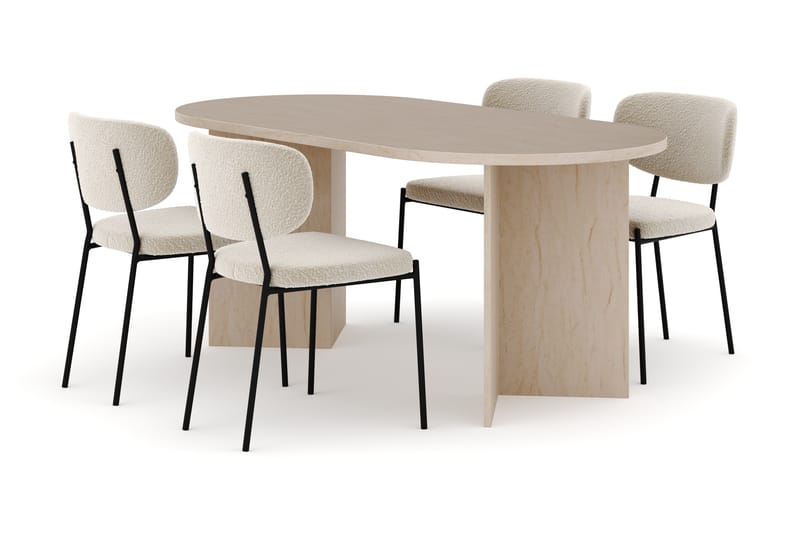 Dano Matbord 180 cm med 4 KARLBERGS Matstolar, Travertin / Vit Bouclé