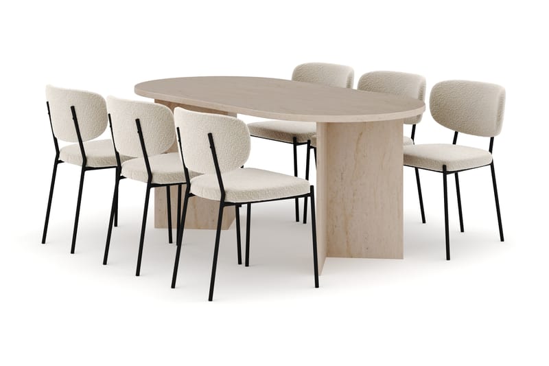 Dano Matbord 180 cm med 6 KARLBERGS Matstolar, Travertin / Vit Bouclé