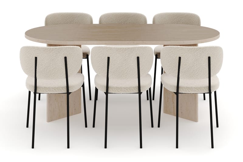 Dano Matbord 180 cm med 6 KARLBERGS Matstolar - Travertin / Vit Bouclé - Möbler - Matplats - Matgrupp & matbord med stolar