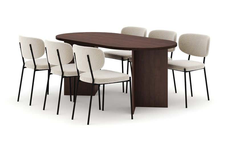 Dano Matbord 180 cm med 6 KARLBERGS Matstolar, Valnöt / Vit Bouclé