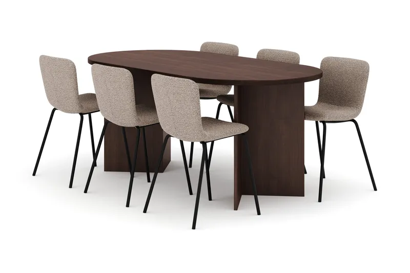 Dano Oval Matgrupp 180 cm – Matbord med 6 Katy Matstolar med Trä- och Valnötsutseende - Brun|Greige - Möbler - Matplats - Matgrupp & matbord med stolar
