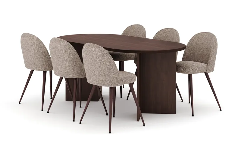 Dano Oval Matgrupp 180 cm – Matbord med 6 Nibe Plus Matstolar med Trä- och Valnötsutseende, Brun|Greige