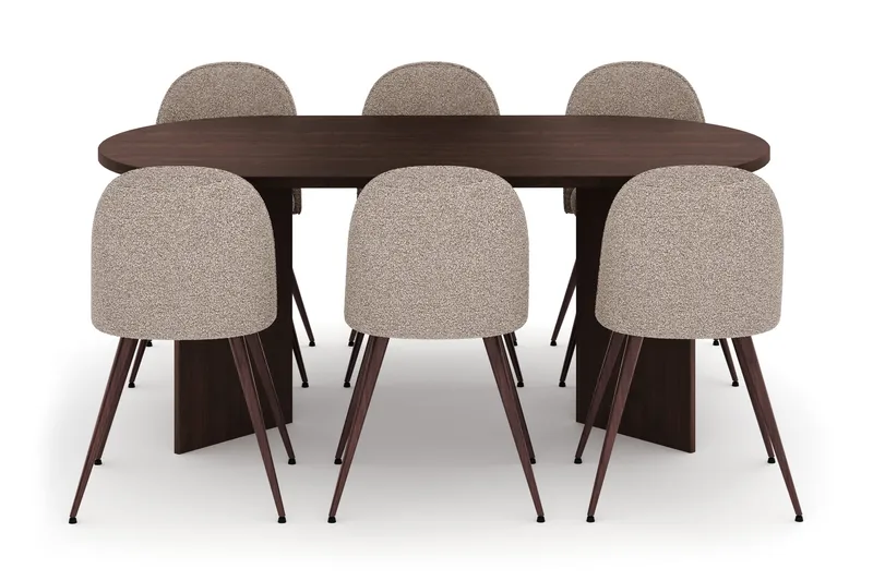 Dano Oval Matgrupp 180 cm – Matbord med 6 Nibe Plus Matstolar med Trä- och Valnötsutseende - Brun|Greige - Möbler - Matplats - Matgrupp & matbord med stolar