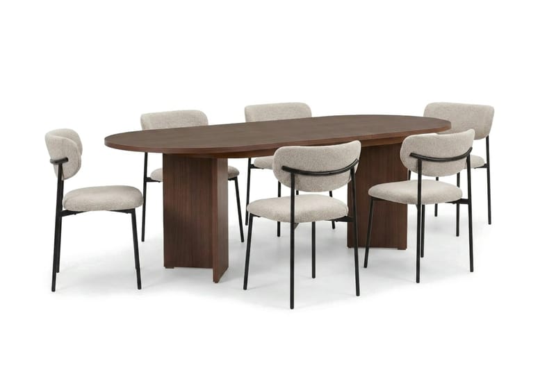 Dano Oval Utdragbar Matgrupp 160-200 cm – Matbord med 6 Lucy Matstolar med Trä- och Valnötsutseende - Brun|Greige - Möbler - Matplats - Matgrupp & matbord med stolar