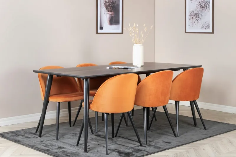 Dipp Matbord 180 cm med 6 Velvet Matstol Sammet