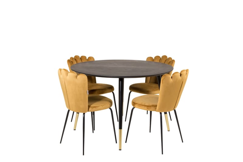 Dipp Matgrupp 115 cm Rund med 4 Limhamn stolar, Svart/Guld