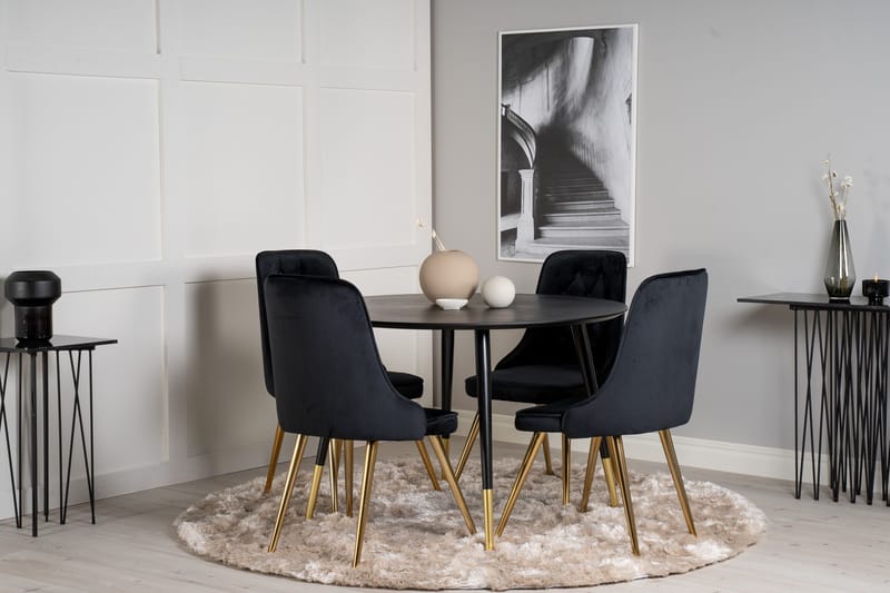Dipp Matgrupp 115 cm Rund med 4 Velvet Deluxe stolar - Svart/Guld - Möbler - Matplats - Matgrupp & matbord med stolar