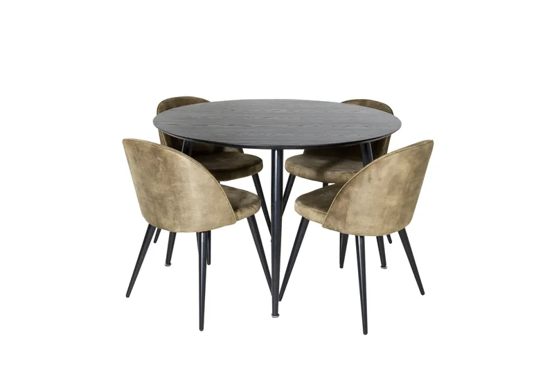Dipp Matgrupp 115 cm Rund med 4 Velvet stolar, Svart