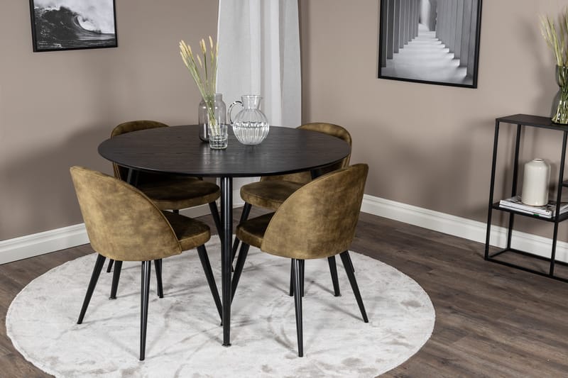Dipp Matgrupp 115 cm Rund med 4 Velvet stolar - Svart - Möbler - Matplats - Matgrupp & matbord med stolar
