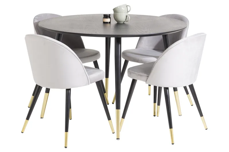 Dipp Matgrupp 115 cm Rund med 4 Velvet stolar, Svart/Guld