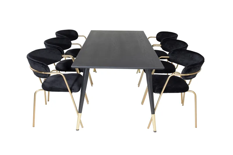 Dipp Matgrupp 180 cm Rektangulär med 6 Arrow stolar, Svart/Guld