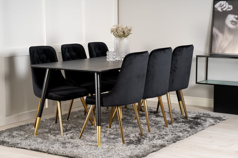 Dipp Matgrupp 180 cm Rektangulär med 6 Velvet Deluxe stolar - Svart/Guld - Möbler - Matplats - Matgrupp & matbord med stolar