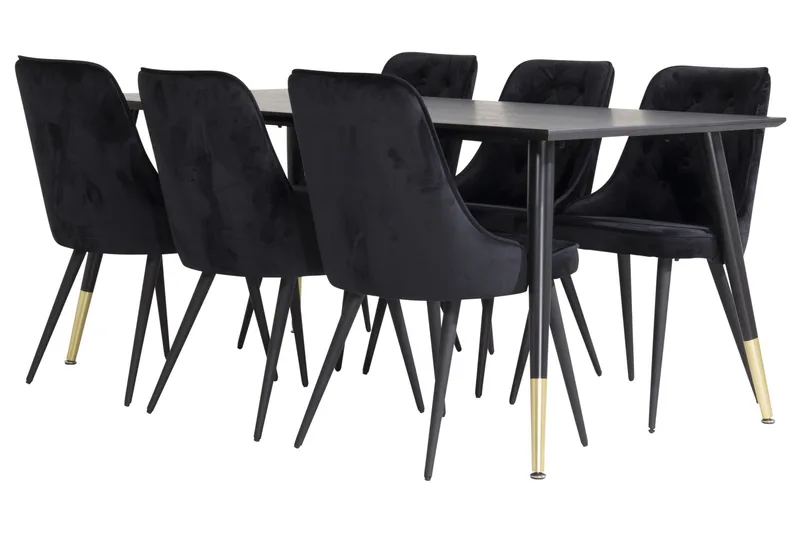 Dipp Matgrupp 180 cm Rektangulär med 6 Velvet Deluxe stolar, Svart/Guld