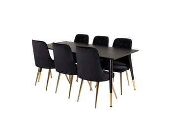 Dipp Matgrupp 180 cm Rektangulär med 6 Velvet Deluxe stolar - Svart/Guld - Möbler - Matplats - Matgrupp & matbord med stolar