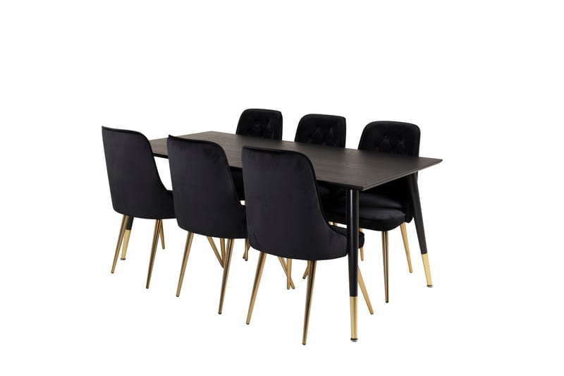 Dipp Matgrupp 180 cm Rektangulär med 6 Velvet Deluxe stolar - Svart/Guld - Möbler - Matplats - Matgrupp & matbord med stolar